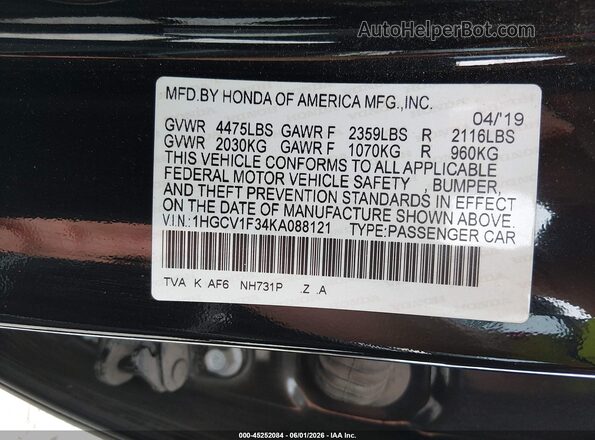 1HGCV1F34KA088121 2019 HONDA ACCORD Черный Вид подкапотного пространства