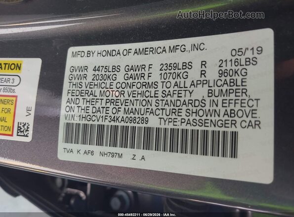 1HGCV1F34KA098289 2019 HONDA ACCORD Gray Շարժիչի բաժամունքի տեսք