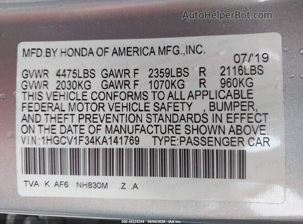 1HGCV1F34KA141769 2019 HONDA ACCORD Silver Vista del compartimento del motor