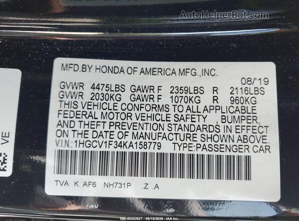 1HGCV1F34KA158779 2019 HONDA ACCORD Black Շարժիչի բաժամունքի տեսք