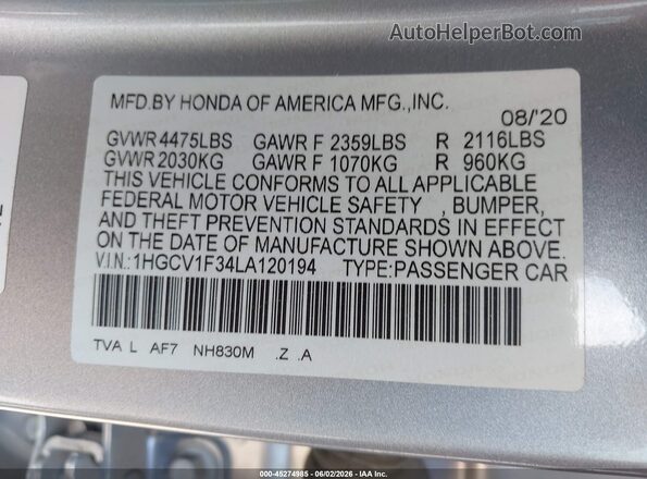 1HGCV1F34LA120194 2020 HONDA ACCORD Silver Engine compartment view