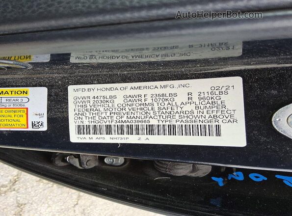 1HGCV1F34MA039665 2021 HONDA ACCORD Black ძრავის განყოფილების ხედი