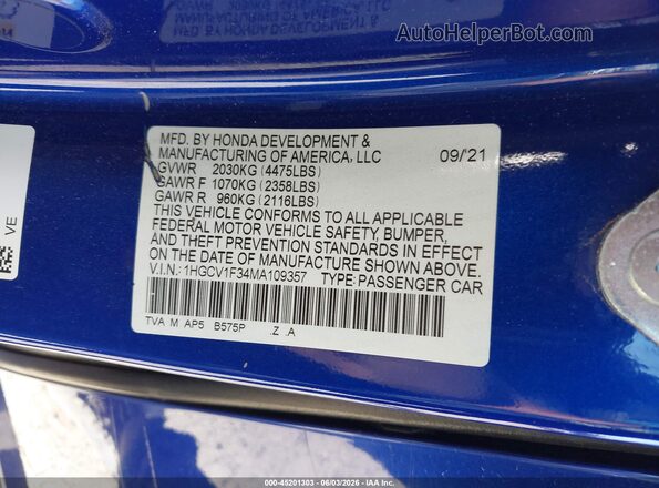 1HGCV1F34MA109357 2021 HONDA ACCORD Blue Widok komory silnika