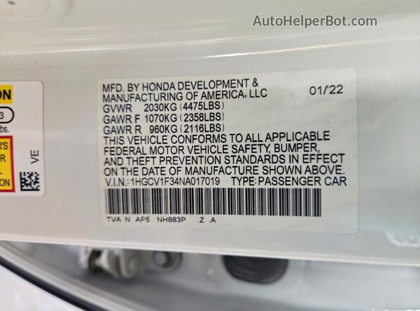 1HGCV1F34NA017019 2022 HONDA ACCORD White 