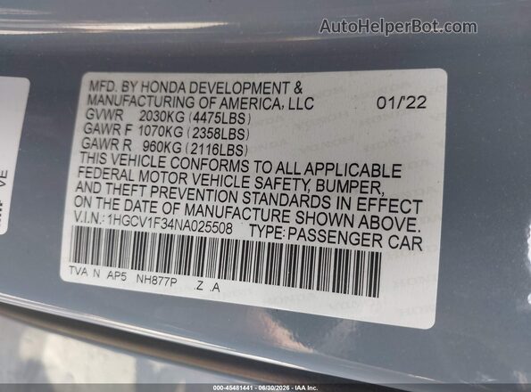 1HGCV1F34NA025508 2022 HONDA ACCORD Gray Вид підкапотного простору