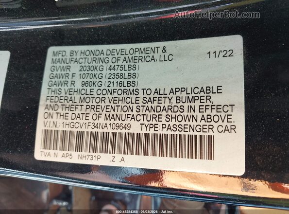 1HGCV1F34NA109649 2022 HONDA ACCORD Black Vista del compartimento del motor