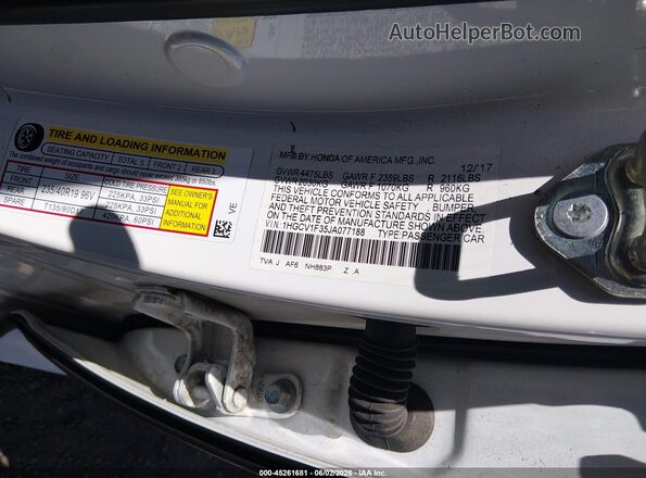 1HGCV1F35JA077188 2018 HONDA ACCORD Белый Вид подкапотного пространства