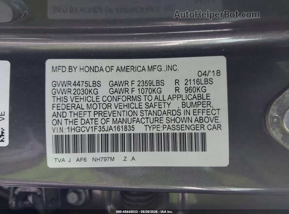 1HGCV1F35JA161835 2018 HONDA ACCORD Gray Vista del compartimento del motor
