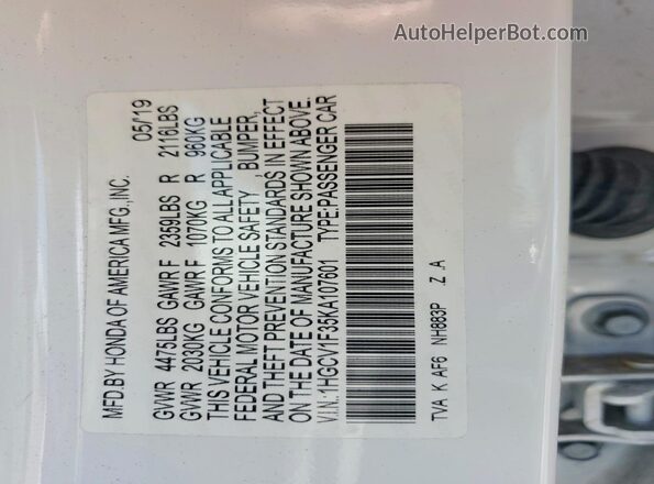 1HGCV1F35KA107601 2019 HONDA ACCORD White Widok komory silnika
