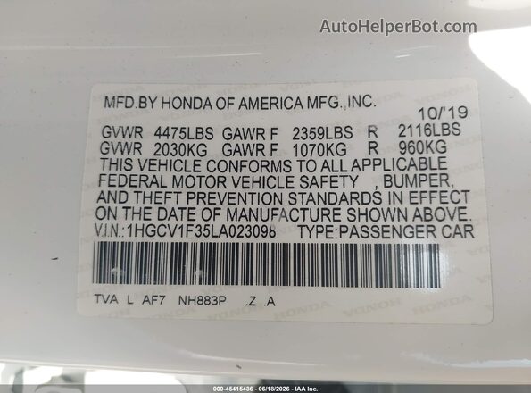 1HGCV1F35LA023098 2020 HONDA ACCORD White Вид підкапотного простору