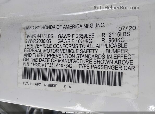 1HGCV1F35LA107342 2020 HONDA ACCORD White Engine compartment view