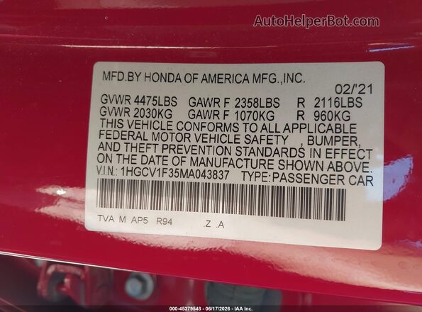 1HGCV1F35MA043837 2021 HONDA ACCORD Red Շարժիչի բաժամունքի տեսք