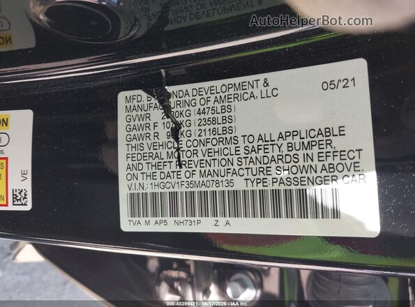 1HGCV1F35MA078135 2021 HONDA ACCORD Black Շարժիչի բաժամունքի տեսք