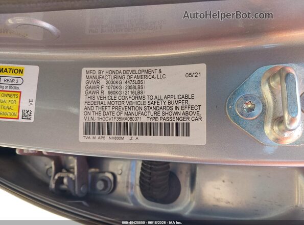 1HGCV1F35MA080371 2021 HONDA ACCORD Серебряный Вид подкапотного пространства