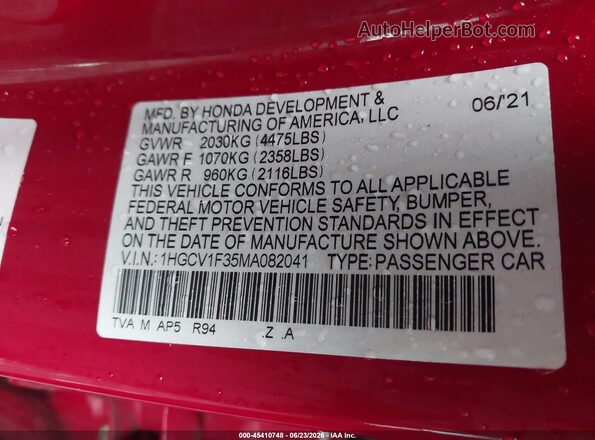 1HGCV1F35MA082041 2021 HONDA ACCORD Red Widok komory silnika
