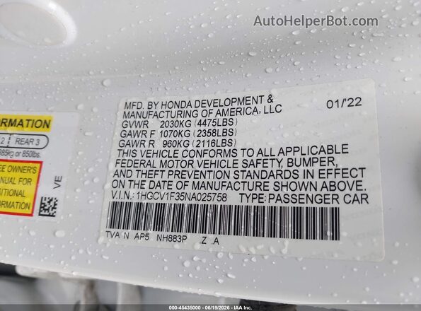 1HGCV1F35NA025758 2022 HONDA ACCORD White ძრავის განყოფილების ხედი