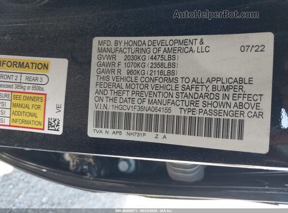 1HGCV1F35NA064155 2022 HONDA ACCORD Black Вид підкапотного простору