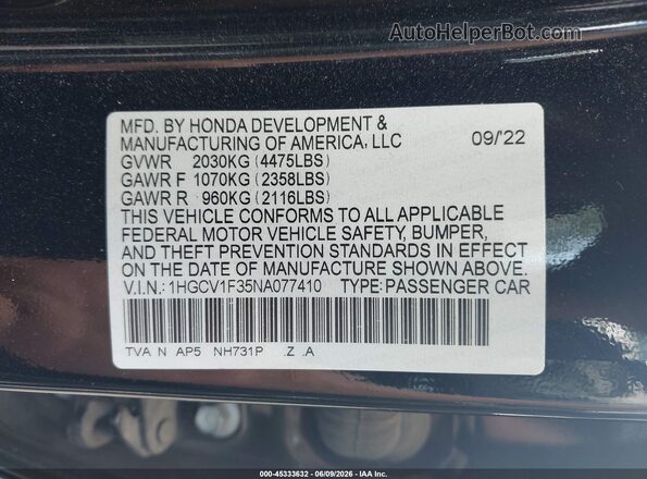 1HGCV1F35NA077410 2022 HONDA ACCORD Черный Вид подкапотного пространства