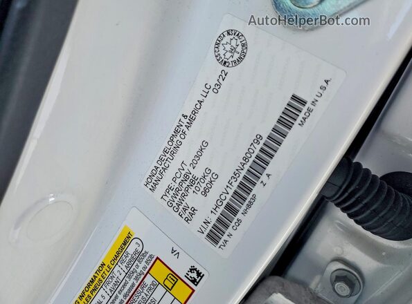 1HGCV1F35NA800799 2022 HONDA ACCORD White VIN კოდის სტიკერის ხედი