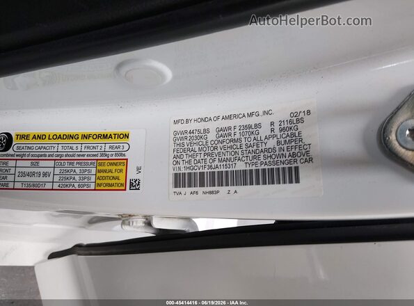 1HGCV1F36JA115317 2018 HONDA ACCORD White Vista del compartimento del motor