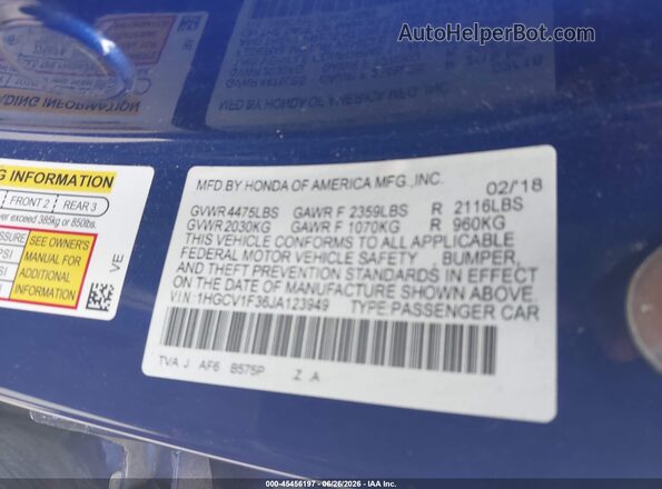 1HGCV1F36JA123949 2018 HONDA ACCORD Blue Вид підкапотного простору