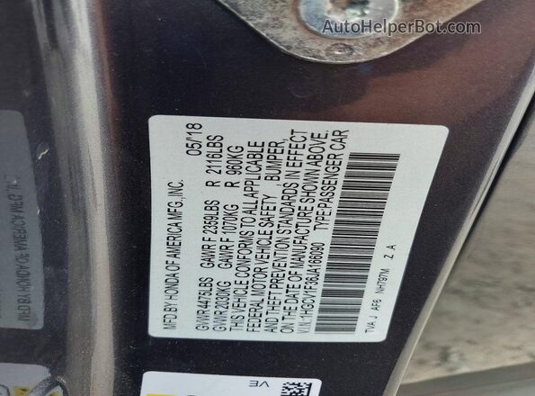 1HGCV1F36JA166090 2018 HONDA ACCORD Charcoal ძრავის განყოფილების ხედი