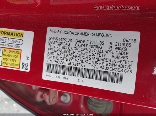1HGCV1F36JA247302 2018 HONDA ACCORD Red Vista del compartimento del motor