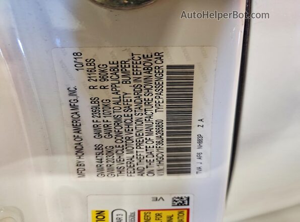 1HGCV1F36JA265850 2018 HONDA ACCORD White 