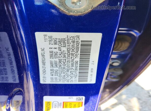 1HGCV1F36KA015543 2019 HONDA ACCORD Blue VIN კოდის სტიკერის ხედი