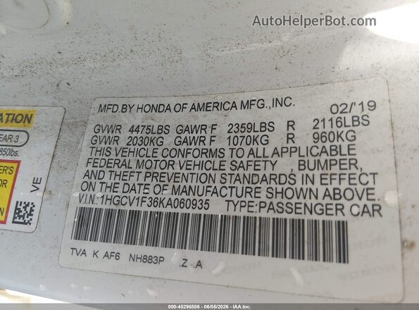 1HGCV1F36KA060935 2019 HONDA ACCORD White Engine compartment view