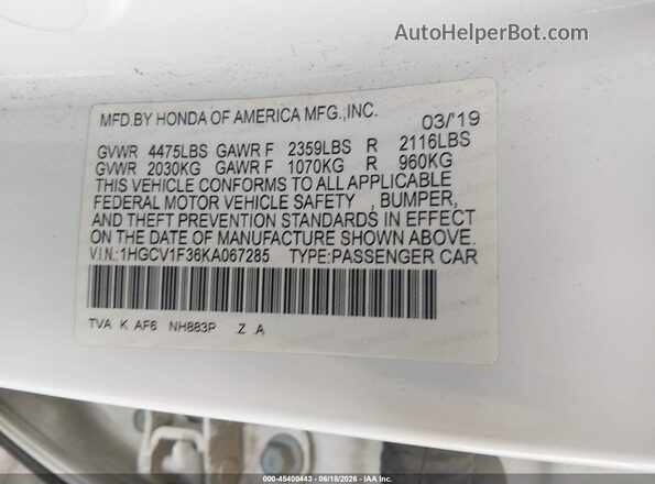 1HGCV1F36KA067285 2019 HONDA ACCORD Белый Вид подкапотного пространства