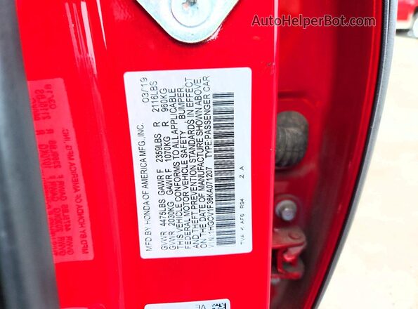 1HGCV1F36KA071207 2019 HONDA ACCORD Red Շարժիչի բաժամունքի տեսք