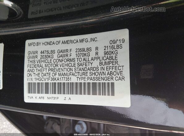 1HGCV1F36KA177351 2019 HONDA ACCORD Black Engine compartment view