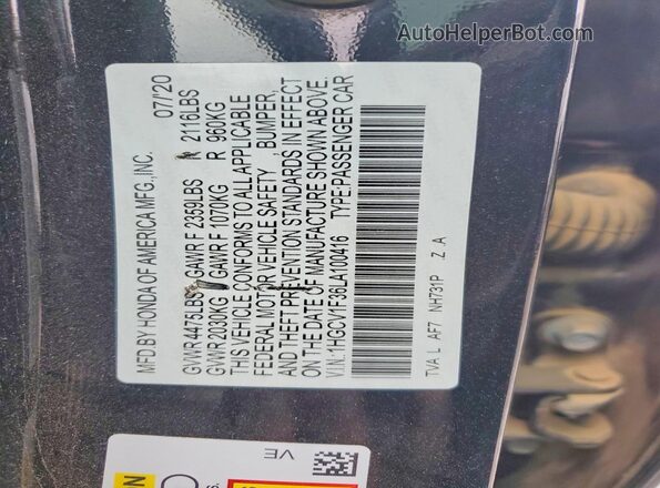 1HGCV1F36LA100416 2020 HONDA ACCORD Black Շարժիչի բաժամունքի տեսք