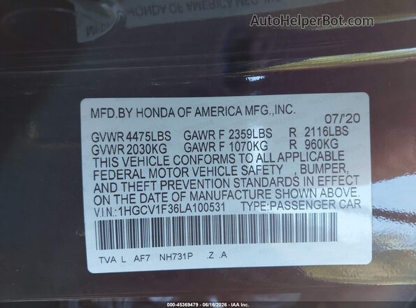1HGCV1F36LA100531 2020 HONDA ACCORD Black 