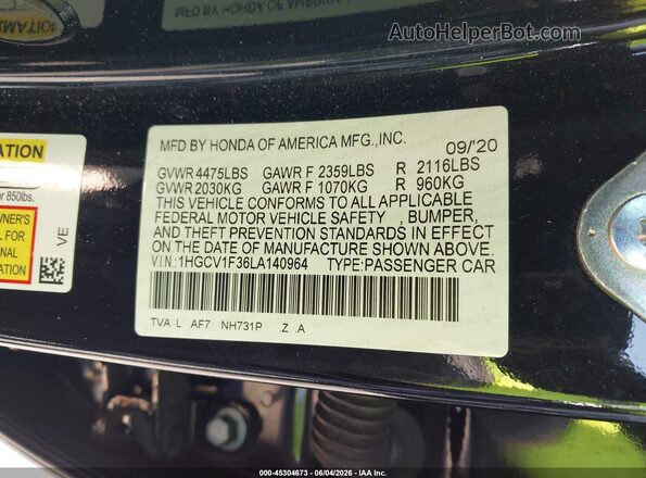 1HGCV1F36LA140964 2020 HONDA ACCORD Black Vista del compartimento del motor
