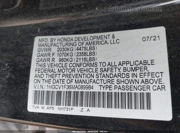 1HGCV1F36MA089984 2021 HONDA ACCORD Black 