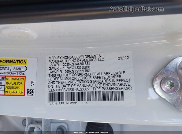 1HGCV1F36NA023565 2022 HONDA ACCORD White Вид підкапотного простору