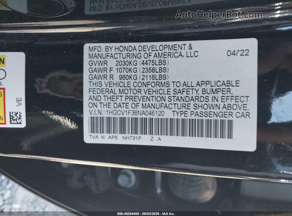 1HGCV1F36NA046120 2022 HONDA ACCORD Black Widok komory silnika