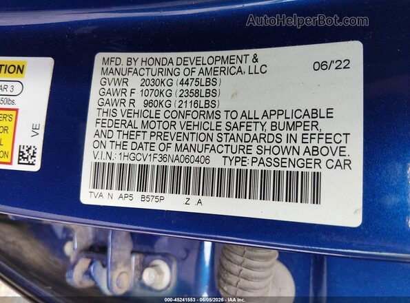 1HGCV1F36NA060406 2022 HONDA ACCORD Синий Вид подкапотного пространства