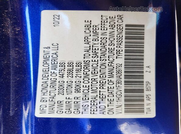 1HGCV1F36NA089792 2022 HONDA ACCORD Blue 