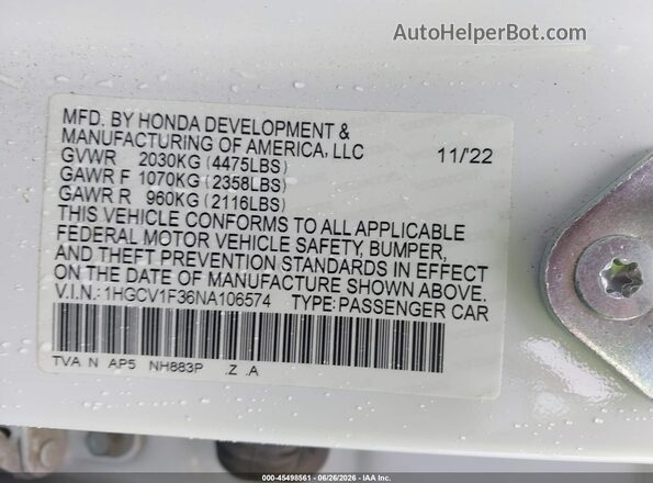 1HGCV1F36NA106574 2022 HONDA ACCORD White Vista del compartimento del motor