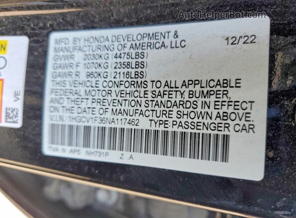 1HGCV1F36NA117462 2022 HONDA ACCORD Black 
