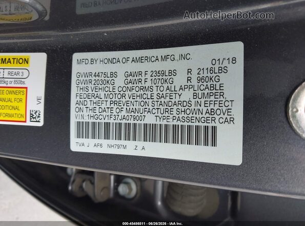 1HGCV1F37JA079007 2018 HONDA ACCORD Gray Engine compartment view
