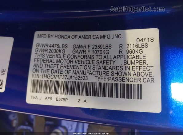 1HGCV1F37JA152523 2018 HONDA ACCORD Blue Vista del compartimento del motor