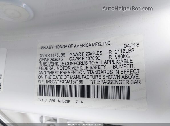 1HGCV1F37JA157169 2018 HONDA ACCORD White Շարժիչի բաժամունքի տեսք