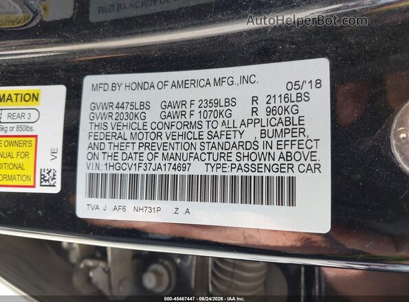 1HGCV1F37JA174697 2018 HONDA ACCORD Черный Вид подкапотного пространства