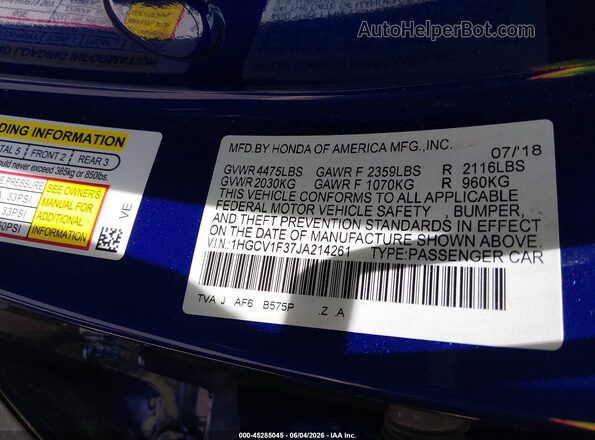 1HGCV1F37JA214261 2018 HONDA ACCORD Blue Շարժիչի բաժամունքի տեսք