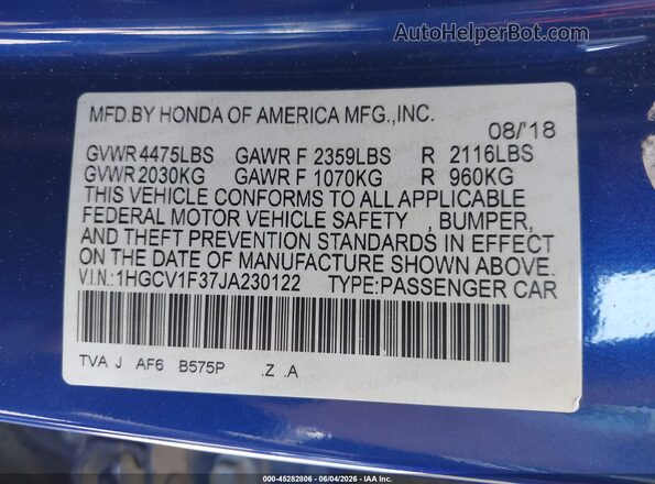 1HGCV1F37JA230122 2018 HONDA ACCORD Blue Engine compartment view