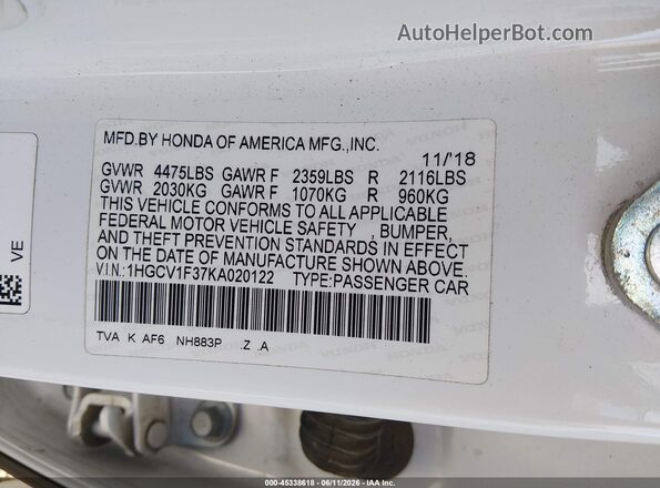 1HGCV1F37KA020122 2019 HONDA ACCORD White Widok komory silnika